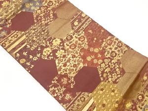 切り嵌め風草花・笹蔓緞子模様織出し名古屋帯